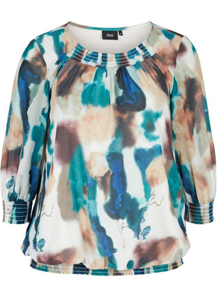 Printed blouse with 3/4 sleeves and smock detail, Reflecting Pond, Packshot image number 0
