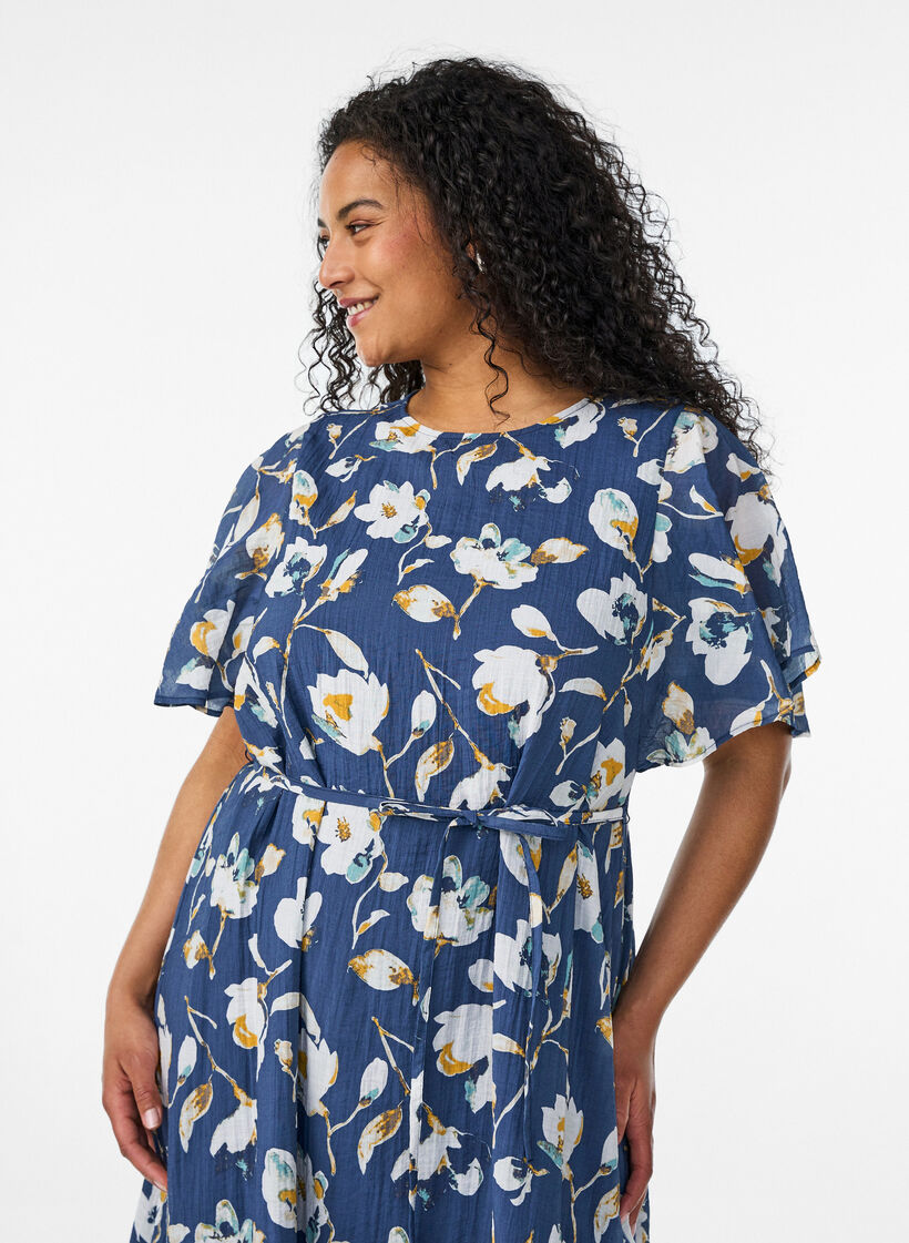 Ankle-length dress with flutter sleeves and tie-waist, Blue, Model image number 2