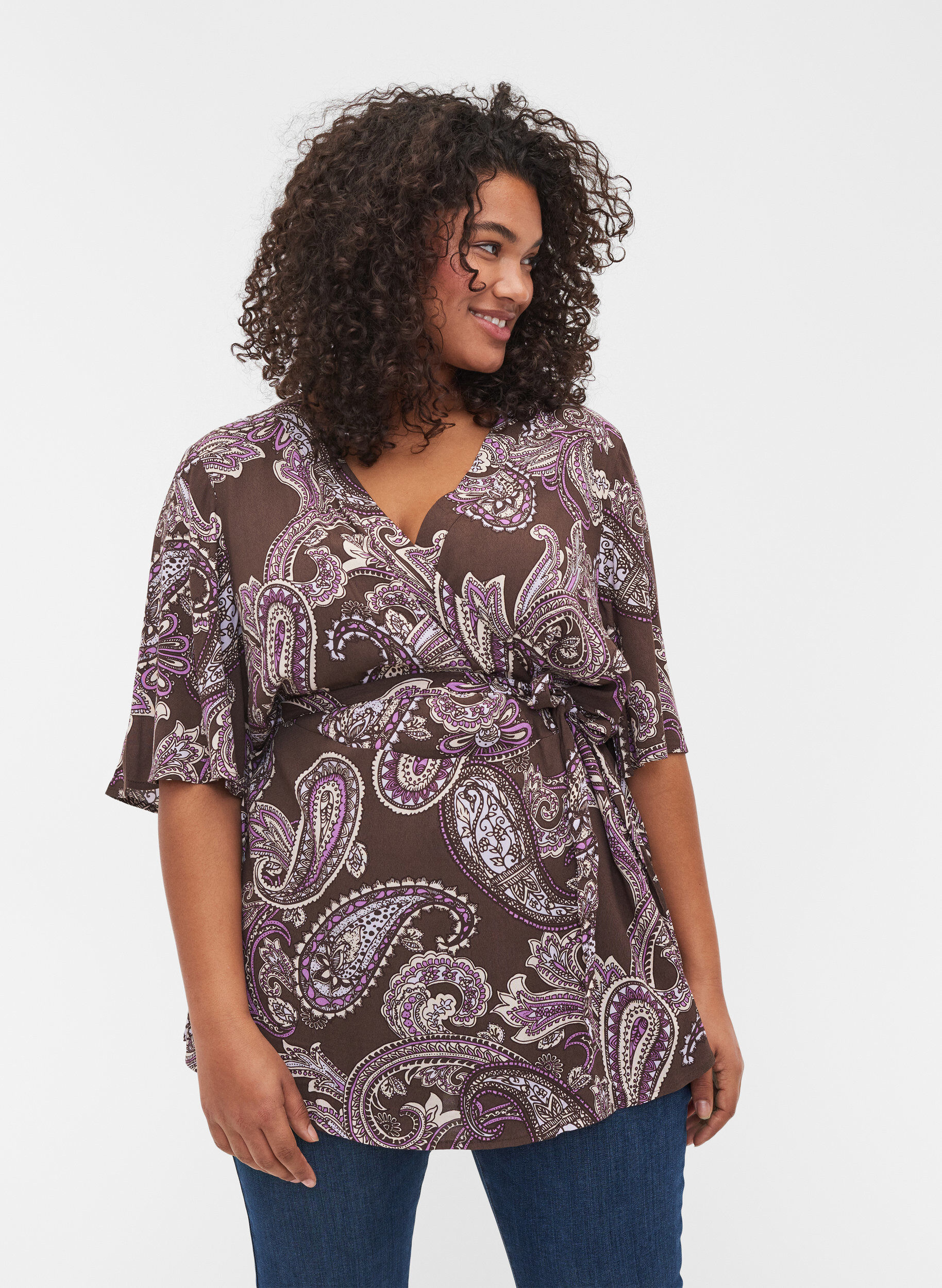 Zizzifashion Printed viscose tunic with 2/4 sleeves, Bracken Paisley, Model image number 0