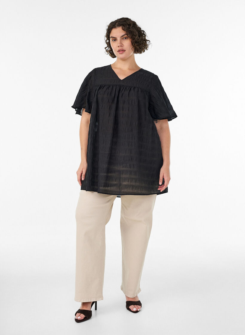 Tunic in lyocell with flutter sleeves, Black, Model image number 1