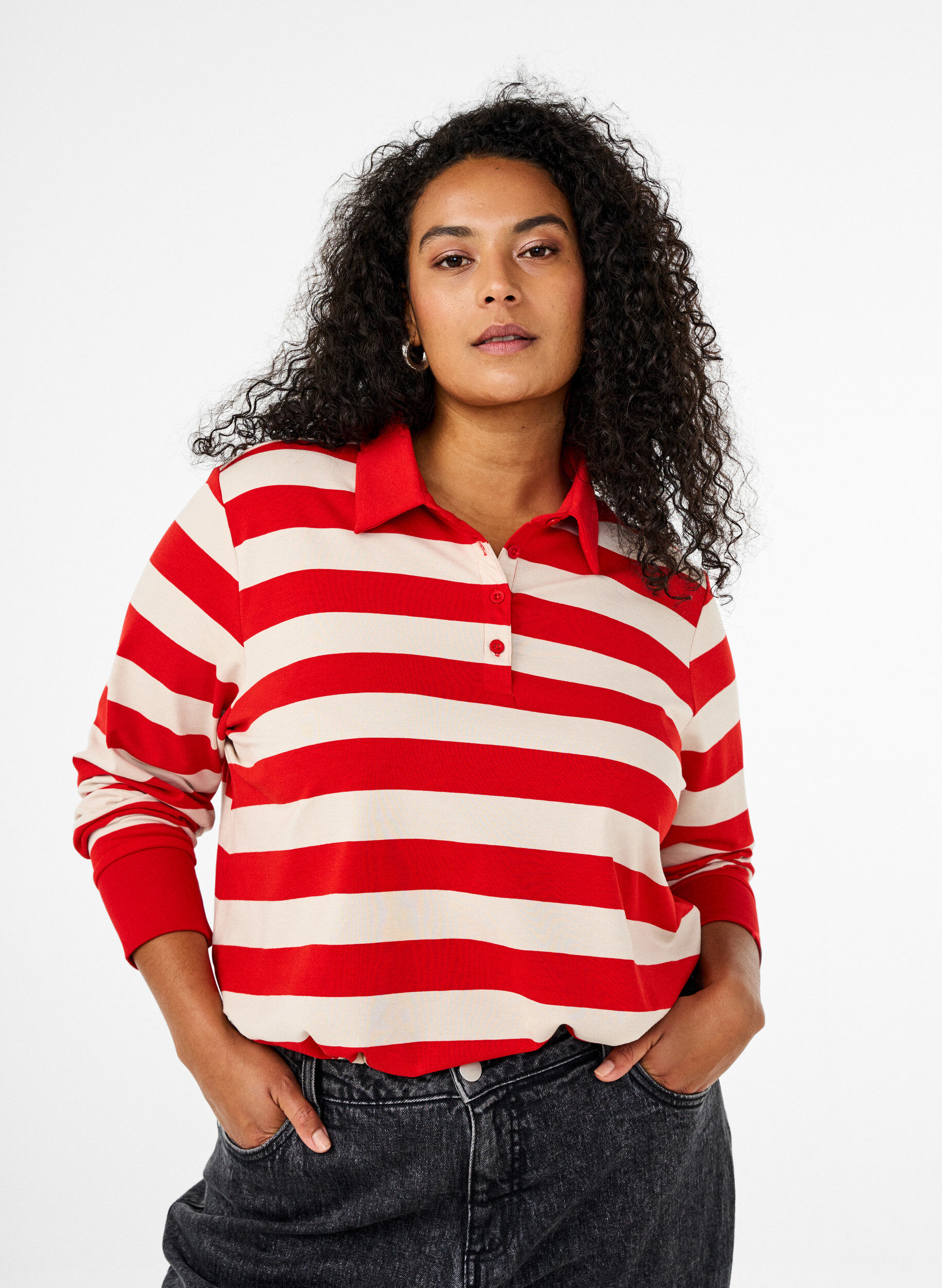 Zizzifashion Long-sleeved polo shirt with stripes, Red, Model image number 0
