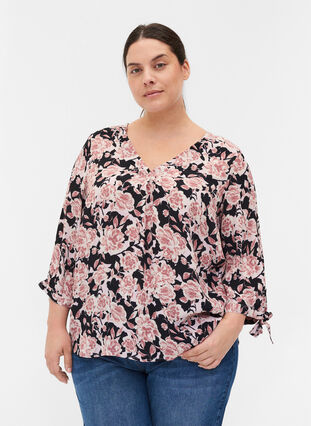 Floral viscose blouse with 3/4 sleeves, Black Flower AOP, Model image number 0