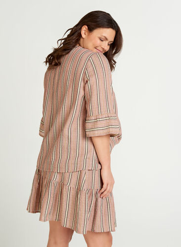 Striped blouse with 3/4 length sleeves and smocking, Rose Smoke stripe, Model image number 1