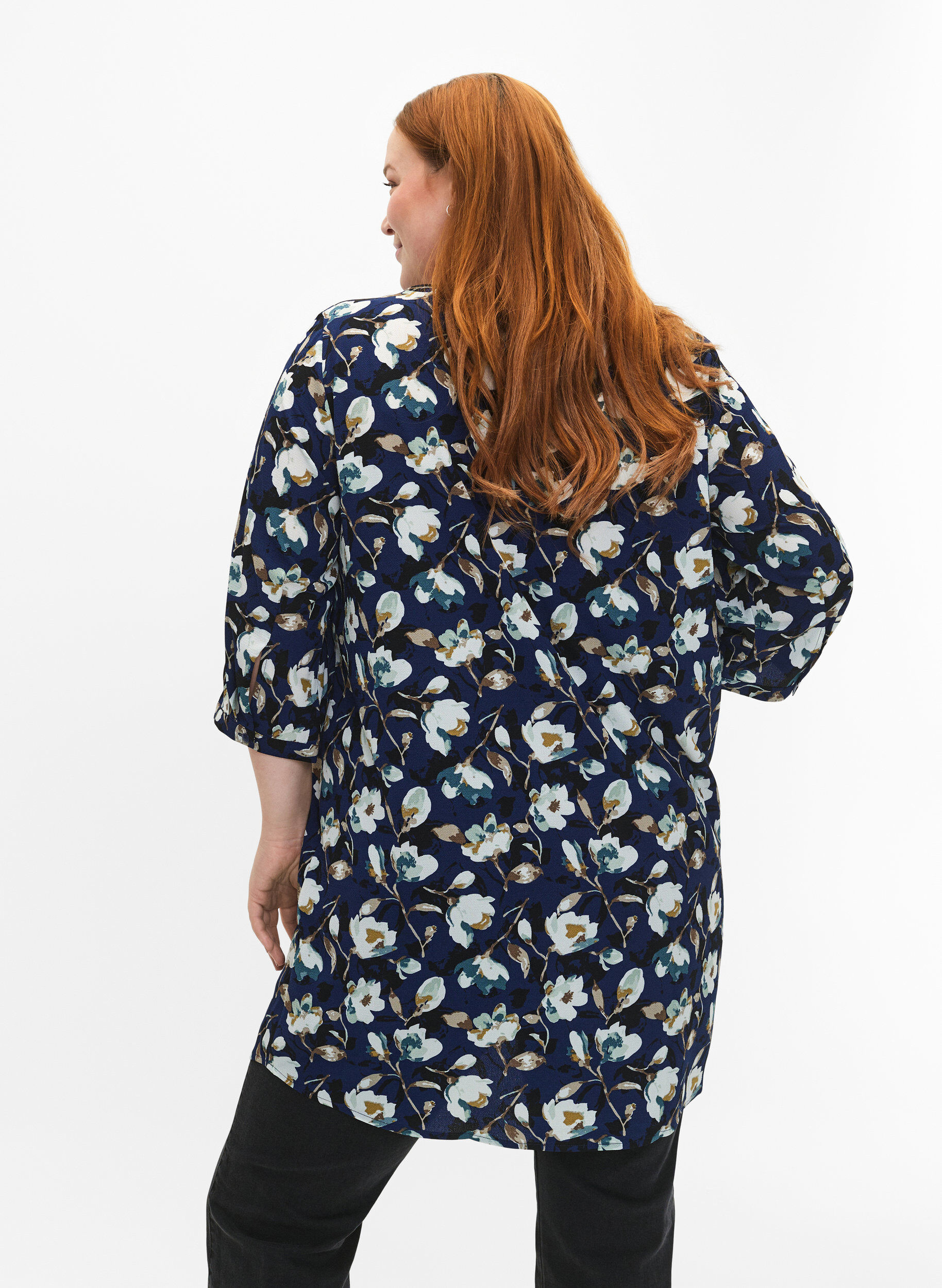 Zizzifashion Floral tunic with 3/4 sleeves, P. Blue Flower AOP, Model image number 1