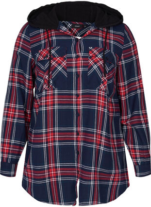 Checked shirt jacket with hood, Night Sky/Red Check, Packshot image number 0