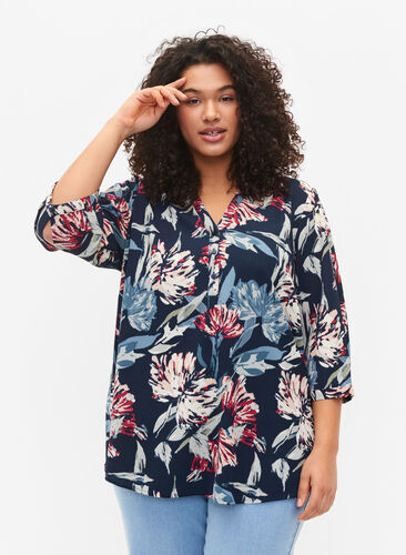 Floral blouse with 3/4 sleeves, Navy Flower, Model image number 0