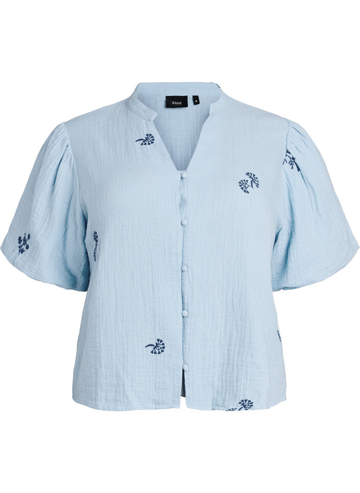 Blouse in cotton muslin with balloon sleeves and embroidered details, Light Blue, Packshot image number 0