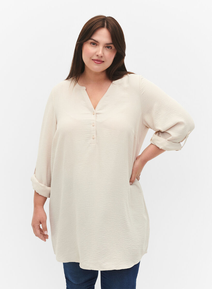 Solid color tunic with v-neck and buttons, Warm Off-white, Model image number 0
