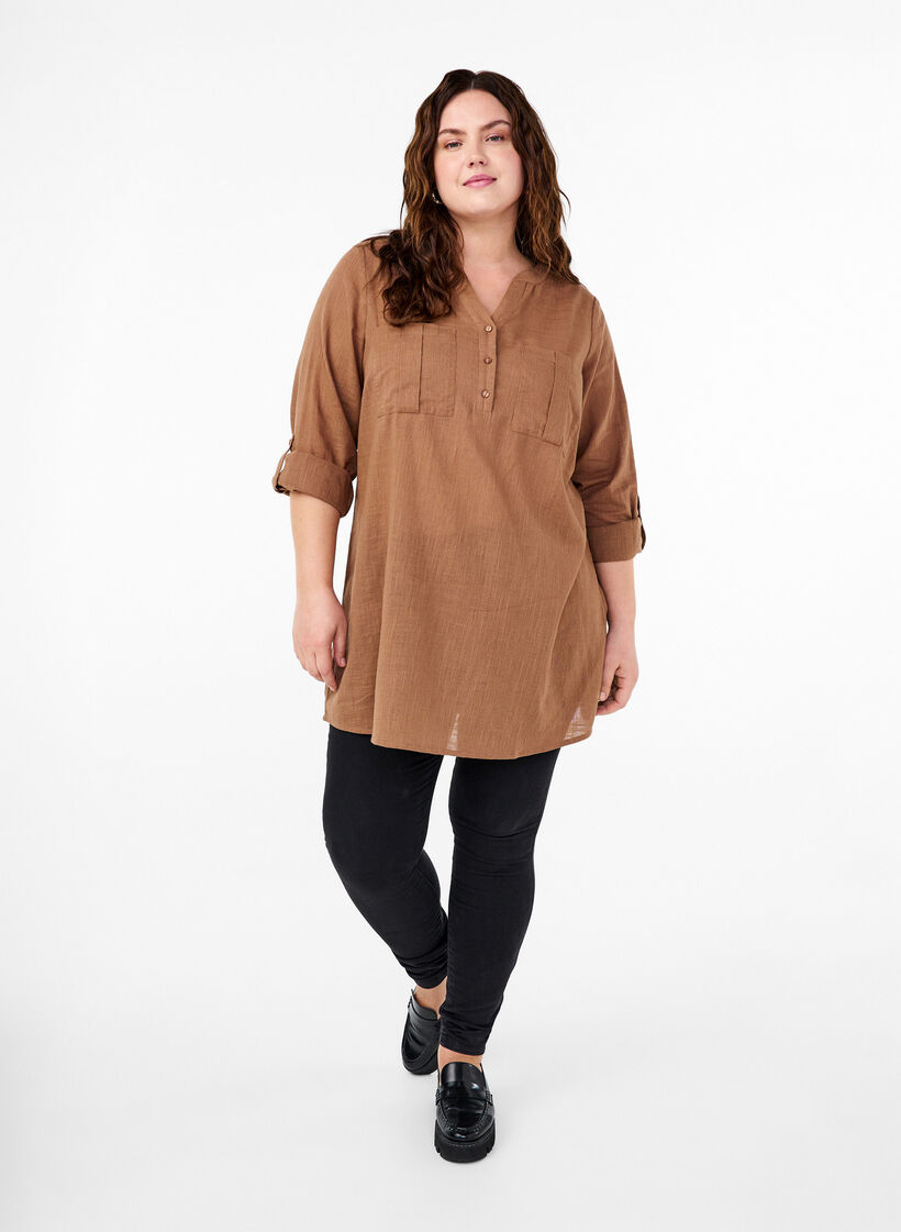 Cotton tunic with 3/4 sleeves, Coca Mocha, Model image number 2