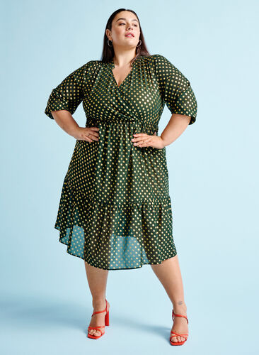 Dress with dotted foil print and 3/4 sleeves, Scarab w. Gold, Image image number 0