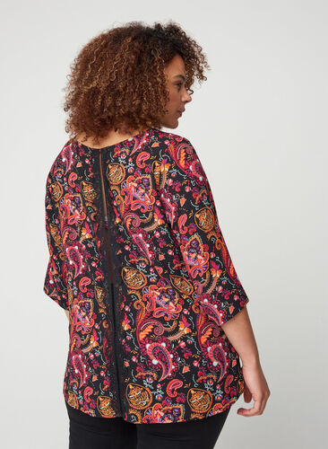 Printed blouse with lace back and 3/4-length sleeves, Black/Multi Paisley, Model image number 1