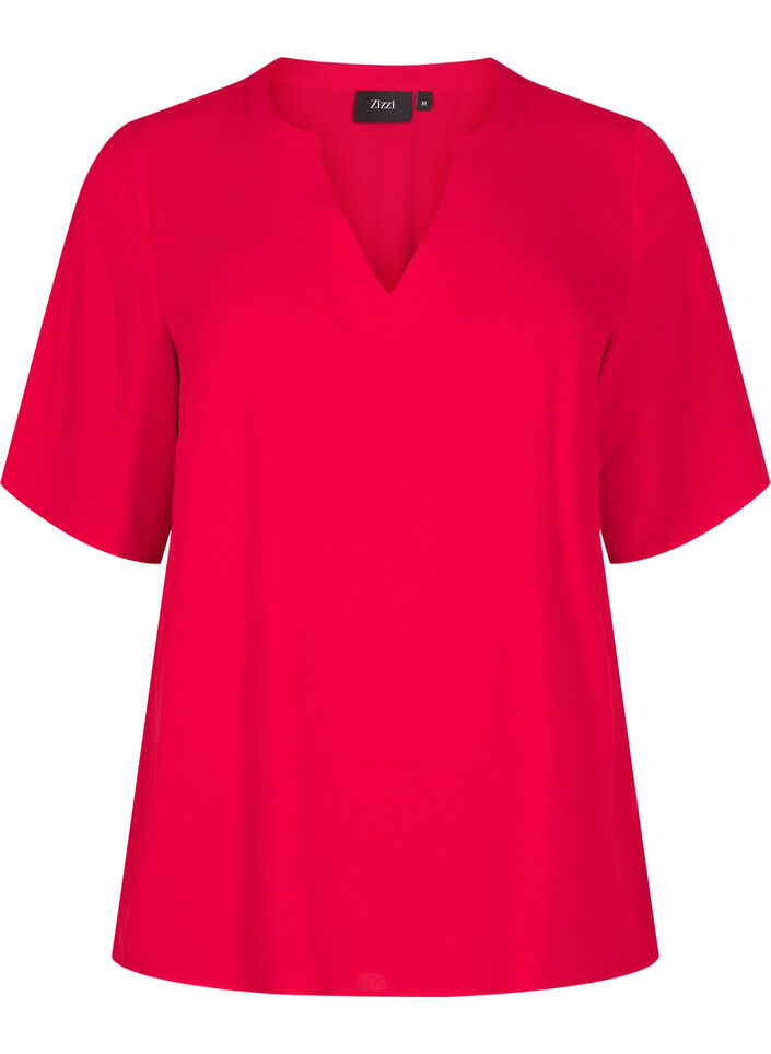 Short-sleeved blouse with V-neck, Red, Packshot image number 0