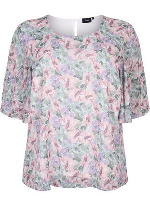 Blouse with floral print and slit on sleeve, Flower AOP, Packshot image number 0