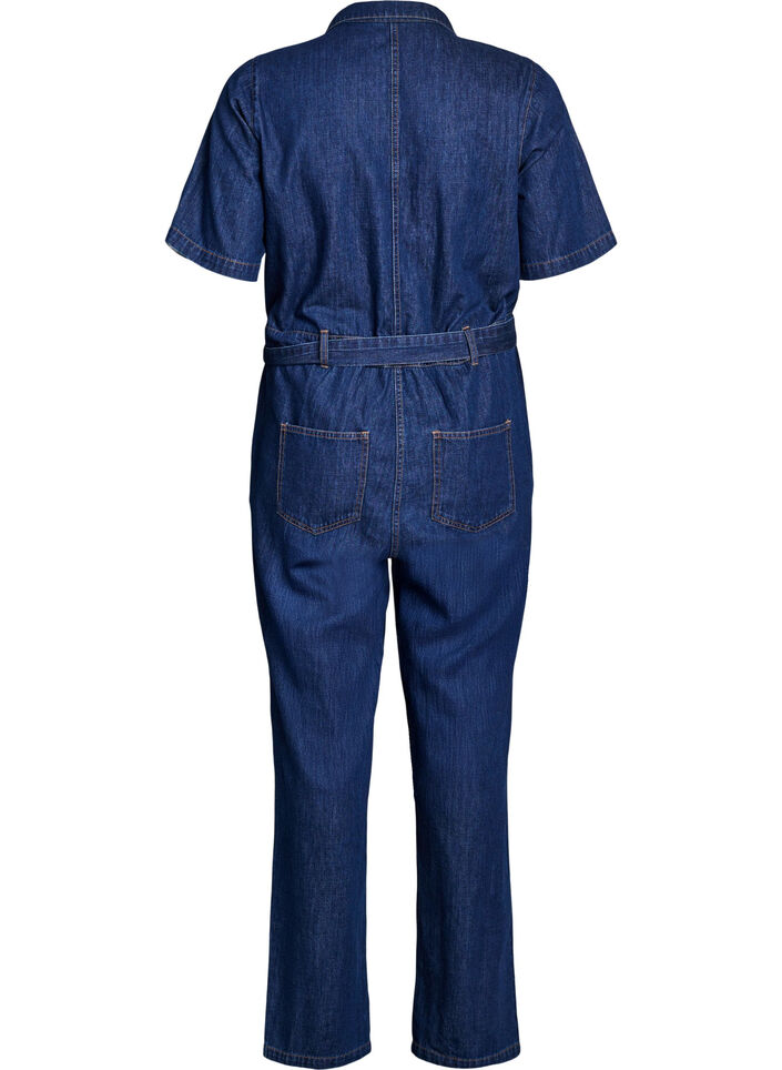Denim jumpsuit with short sleeves and a tie belt, Blue, Packshot image number 1