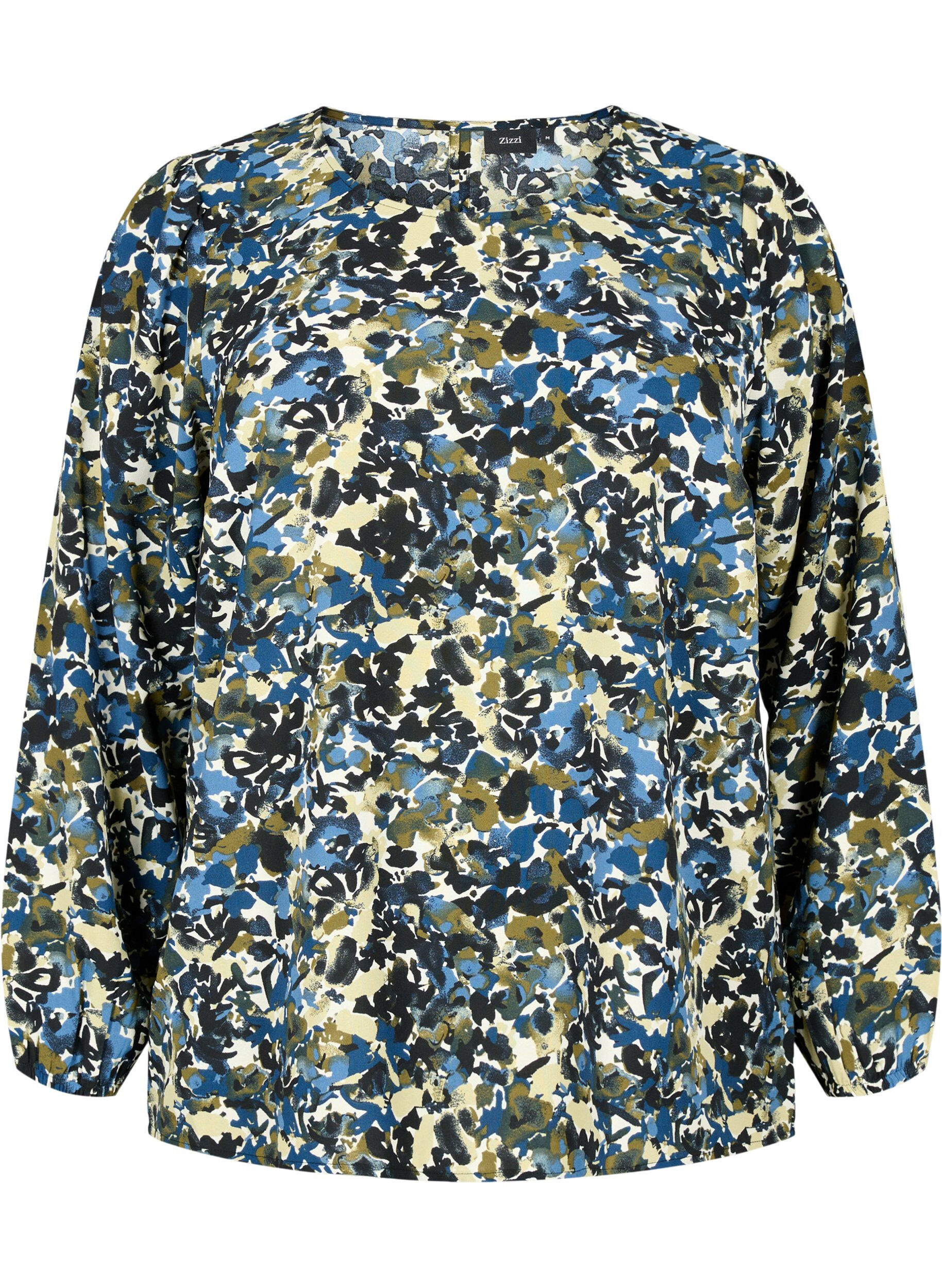 Zizzifashion Blouse with puff sleeves, Blue Green AOP, Packshot image number 0