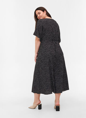 Viscose midi dress with polka dots and buttons, Black w. Dot, Model image number 1