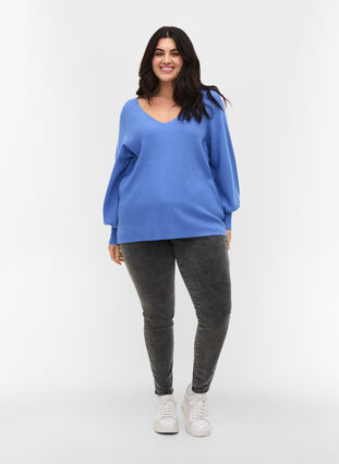 Knitted blouse with v-neck and puff sleeves, Ultramarine Mel, Model image number 2