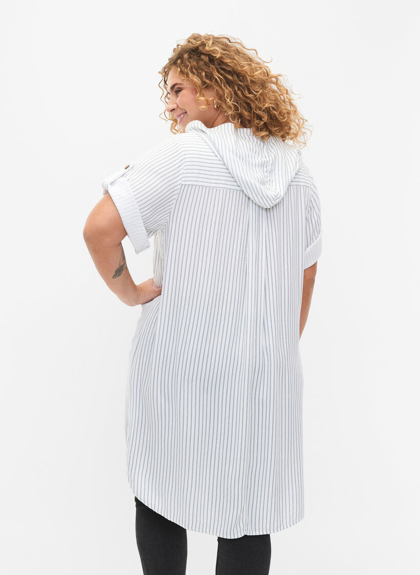 Short-sleeved viscose tunic with hood, Chinois Green Stripe, Model image number 1