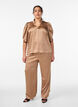 Satin-look blouse with 1/2 sleeves and a ruffle collar, Brown, Model image number 1