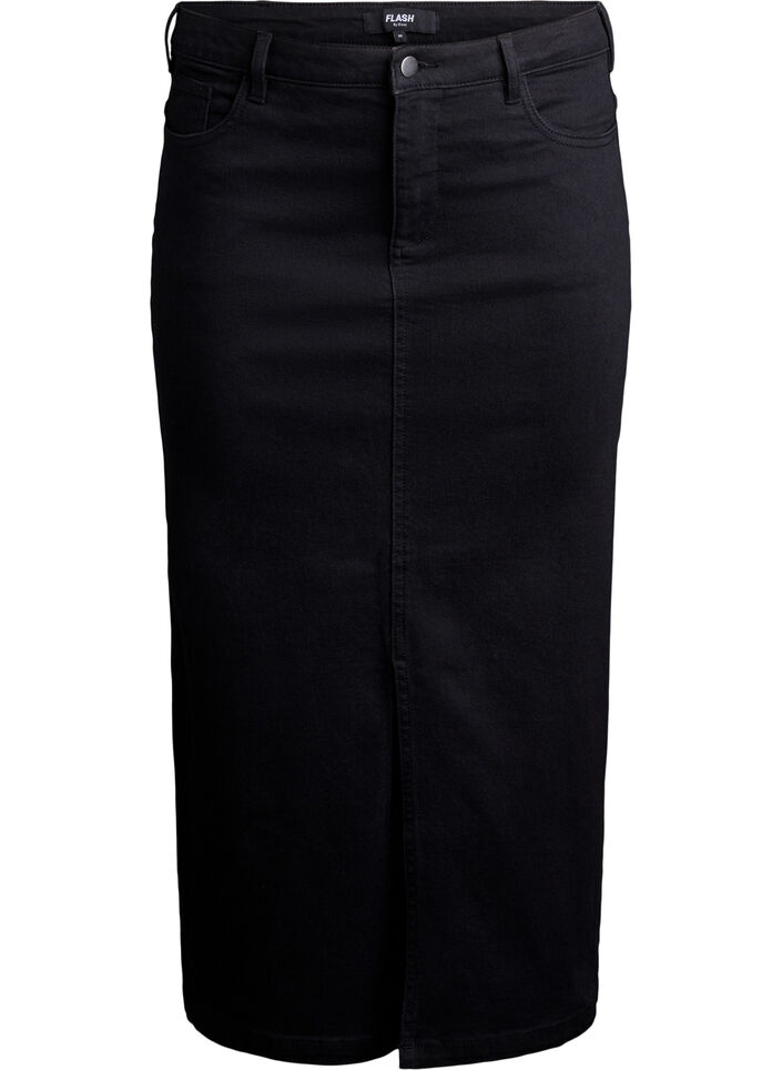 Midi denim skirt with a front slit, Black, Packshot image number 0