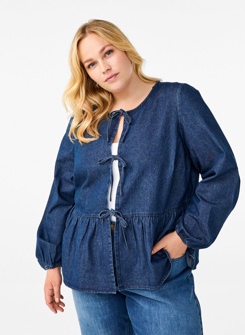 Peplum blouse in denim with a tie fastening, Blue, Model image number 0
