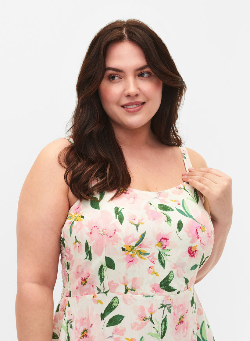 Floral viscose strap dress with smocking, Off White Flower, Model image number 2