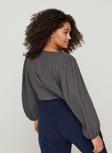 Textured blouse with puff sleeves, Asphalt, Model image number 1