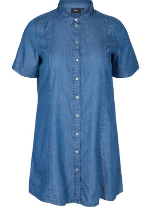 Denim shirt dress with short sleeves, Medium Blue denim, Packshot image number 0
