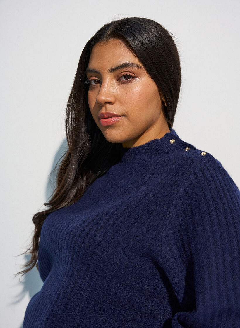 Ribbed jumper with puff sleeves and buttons, Blue, Model image number 3