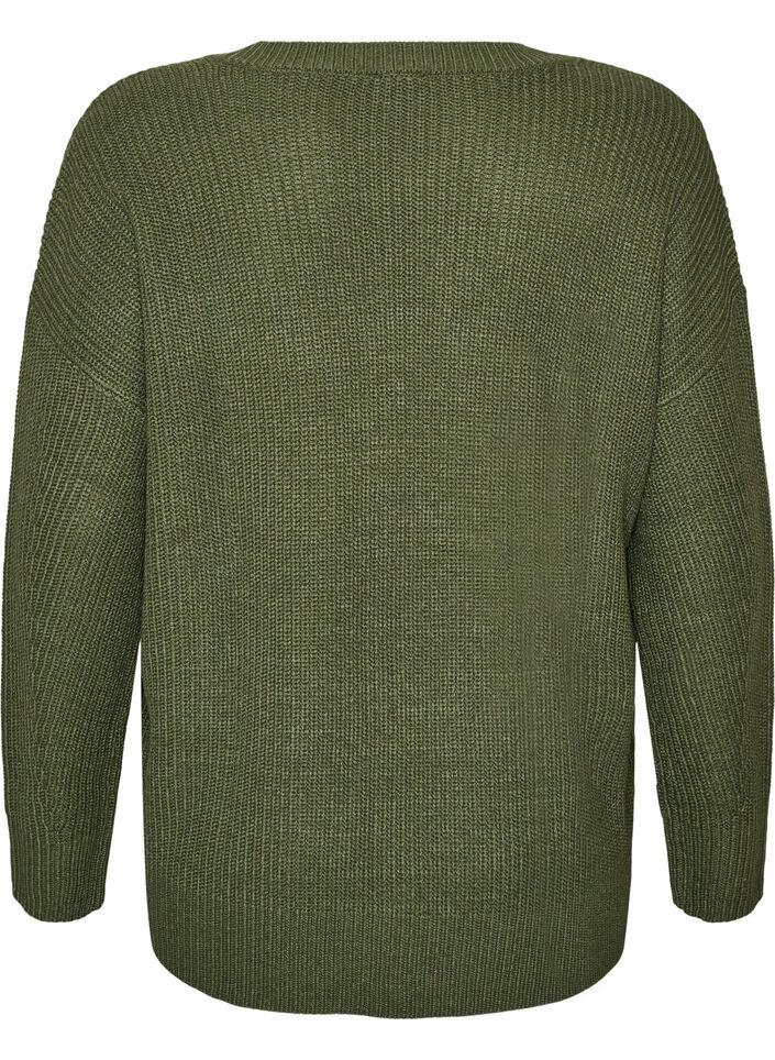 Long rib-knitted blouse with a V-neck, Green, Packshot image number 1