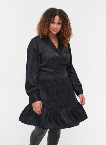 Long-sleeved, patterned wrap dress, Black, Model image number 0