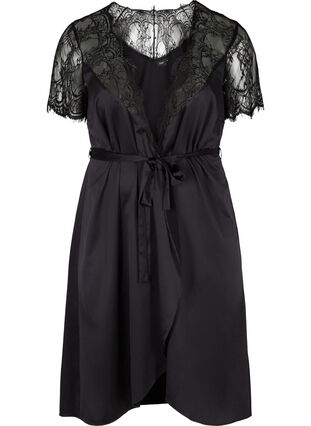 Dressing gown with lace sleeves, Black, Packshot image number 0