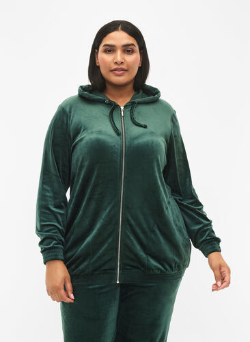 Velour cardigan with zipper and hood, Scarab, Model image number 0