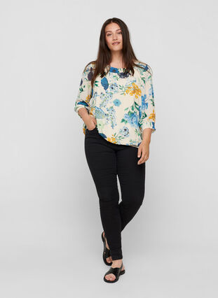 Floral blouse with 3/4 sleeves and smock detail, AOP Flower, Model image number 2