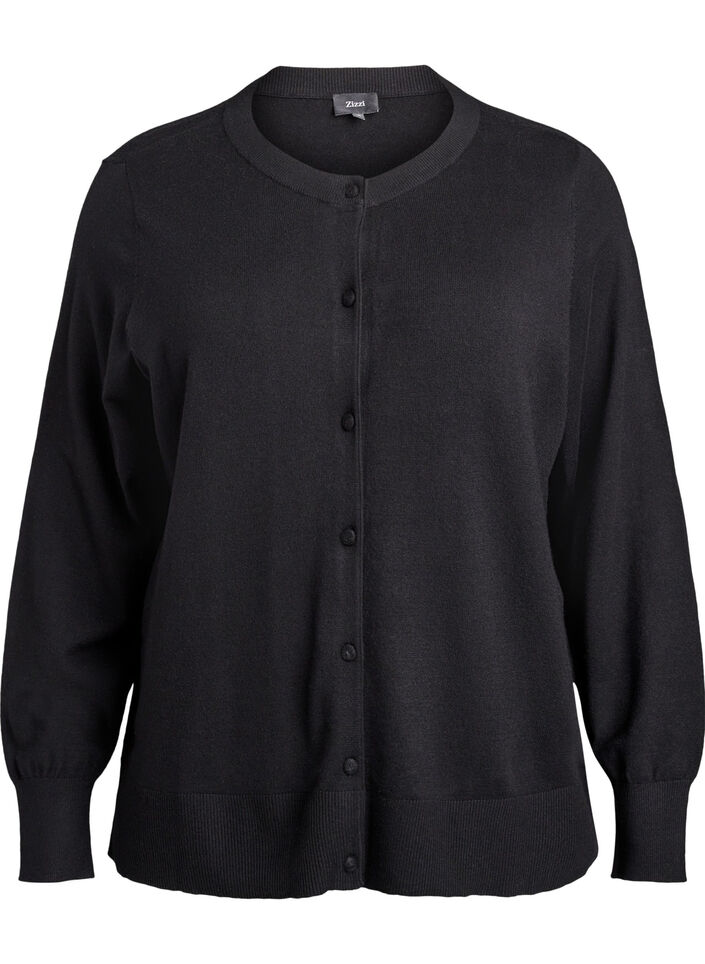 Cardigan with round neck and fabric-covered buttons, Black, Packshot image number 0