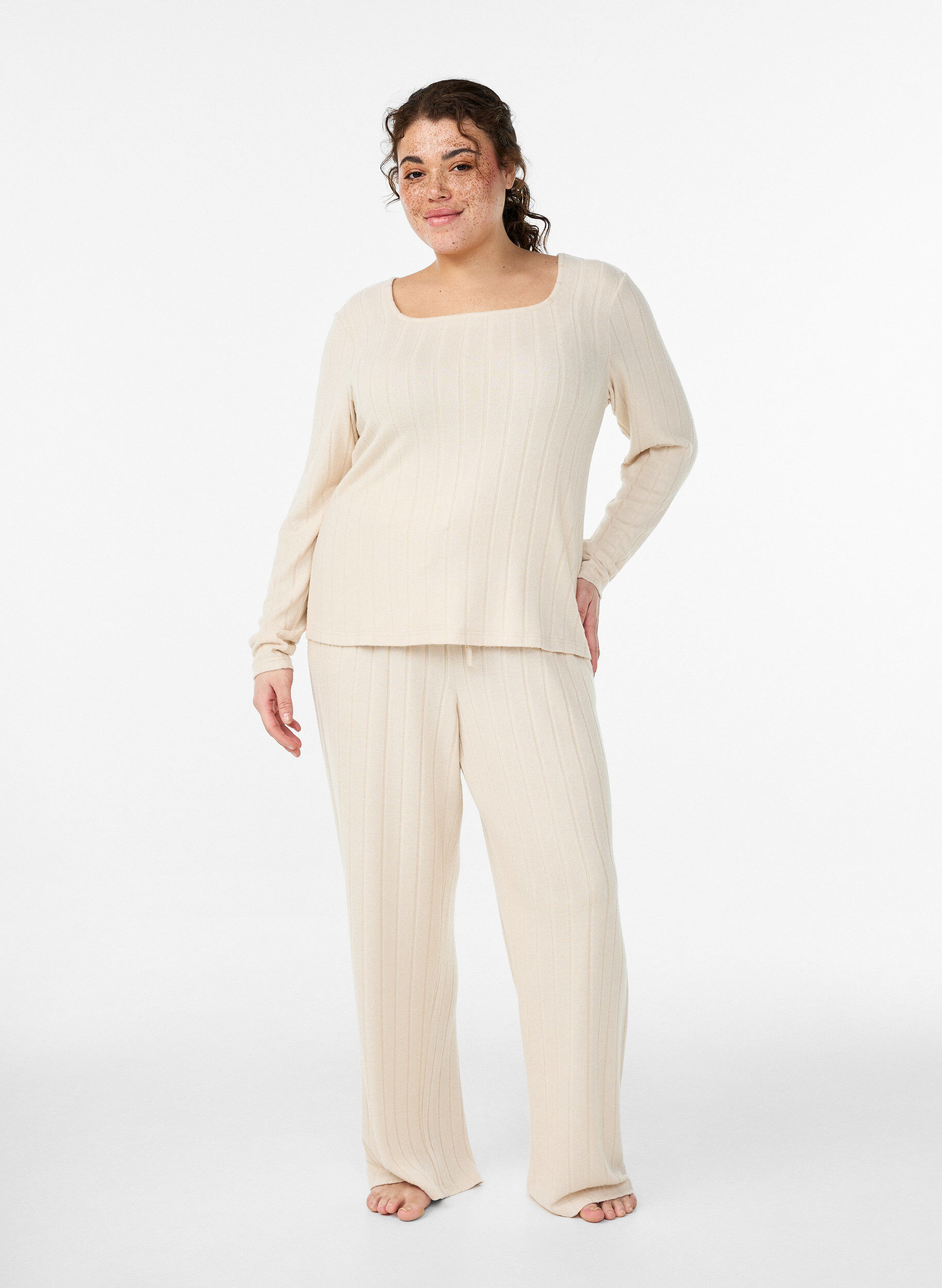 Zizzifashion Jersey blouse with a square neck and ribbed texture, Beige, Model image number 1