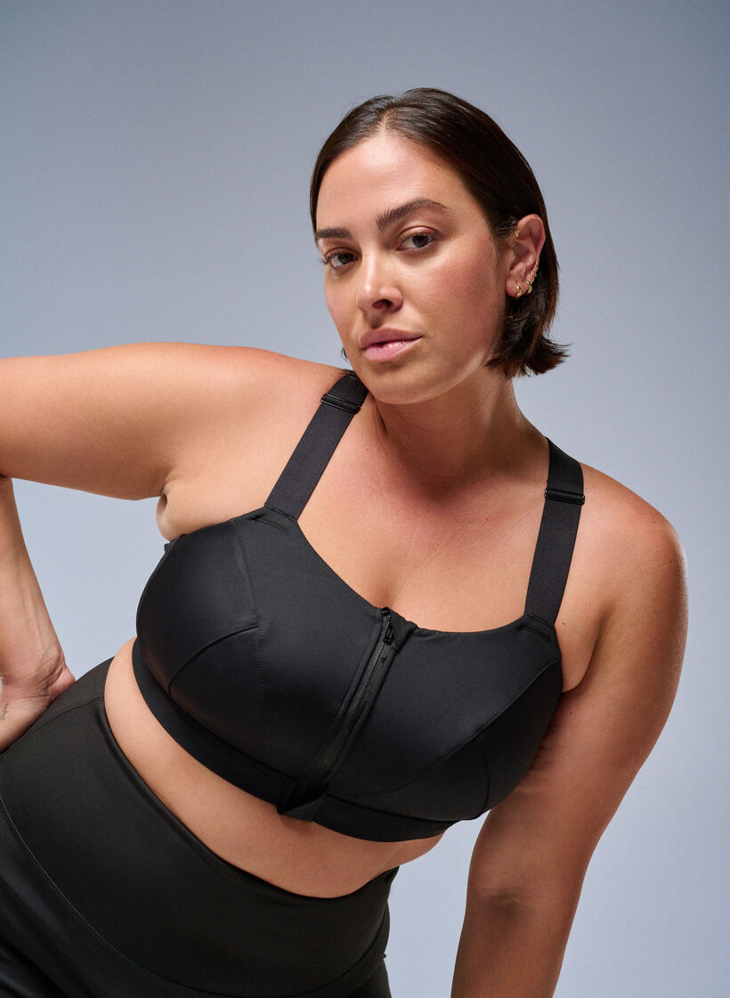 Sports bra with front closure and high support, Black, Image image number 0