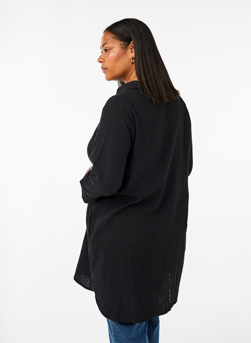 Long shirt in cotton muslin, Black, Model image number 1