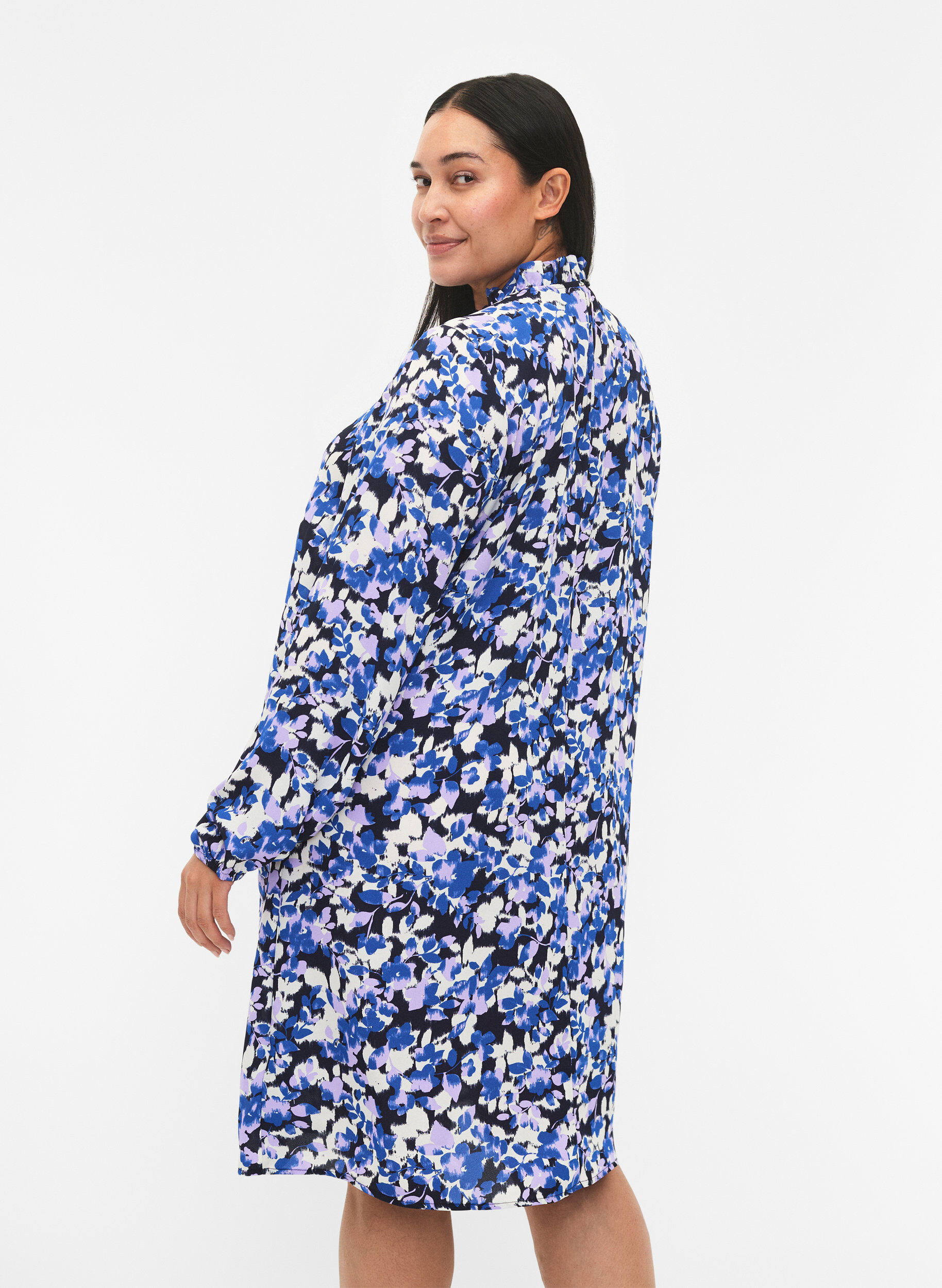 Zizzifashion FLASH - Long sleeve dress with print, Blue Purple Flower, Model image number 1