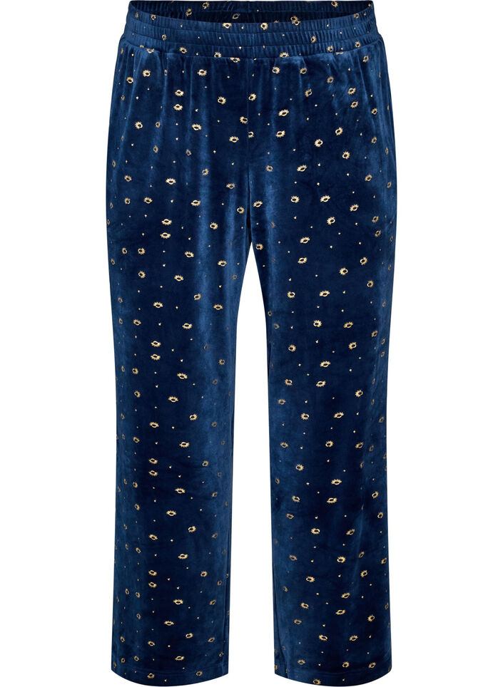 Velour pyjama bottoms with an all-over print, Blue, Packshot image number 0