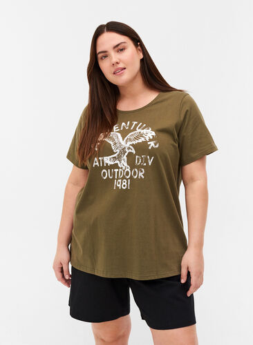 Cotton T-shirt with print, Ivy Green, Model image number 0