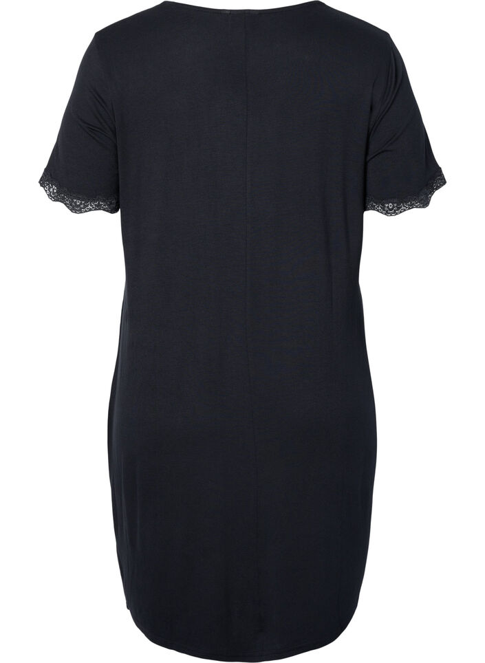 Short-sleeved viscose nightie with lace edges, Black, Packshot image number 1