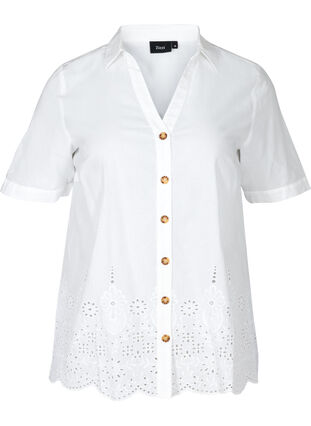 Short-sleeved shirt with broderie anglaise, Bright White, Packshot image number 0