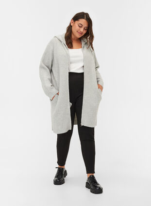 Long, hooded knit cardigan with zip, Light Grey Melange, Model image number 3