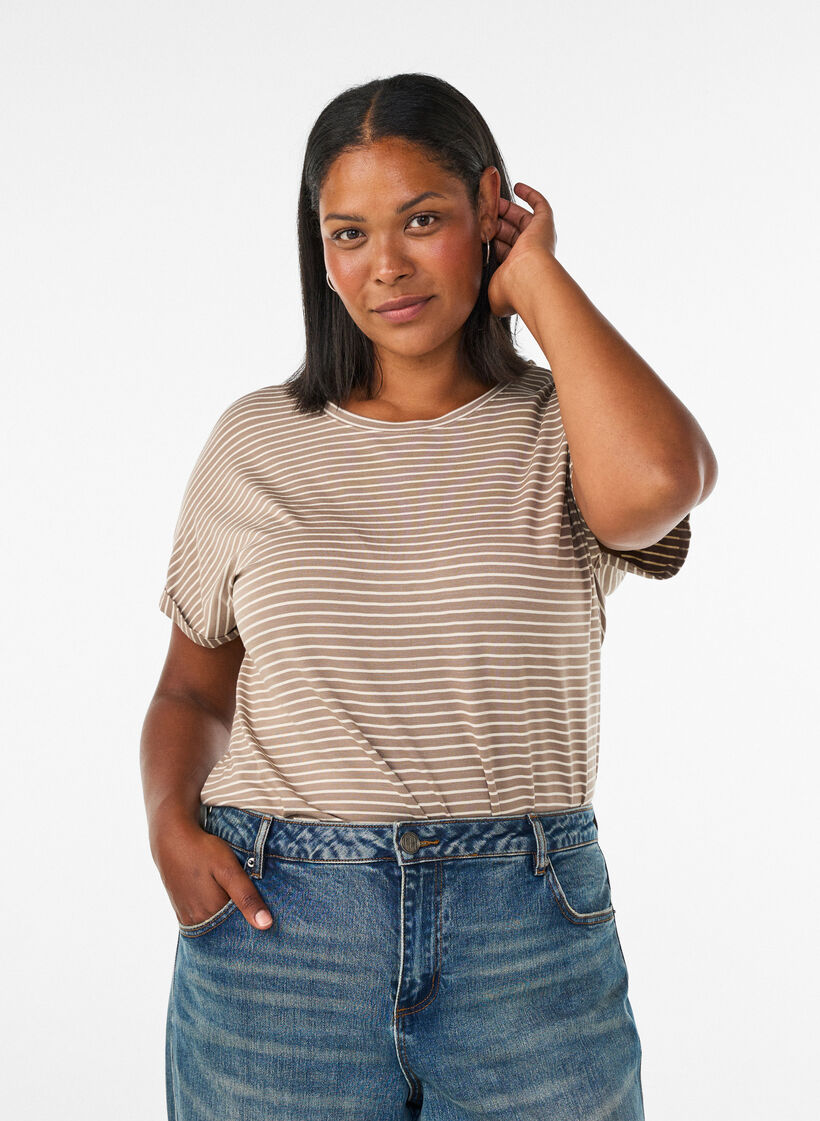 Striped T-shirt in viscose with a round neck, Beige, Model image number 0