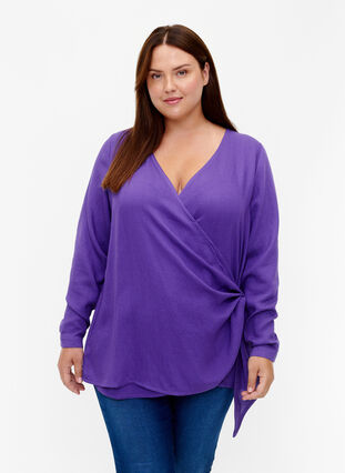 Long-sleeved blouse in viscose with a wrap look, Prism Violet, Model image number 0