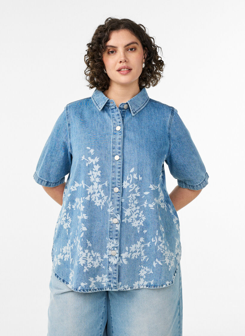 Denim shirt with floral print and short sleeves, Light Blue, Model image number 0