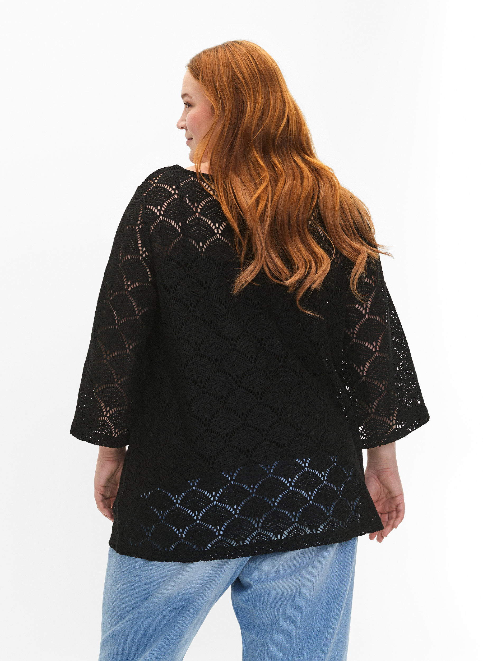 Zizzifashion Crochet blouse with 3/4 sleeves, Black, Model image number 1