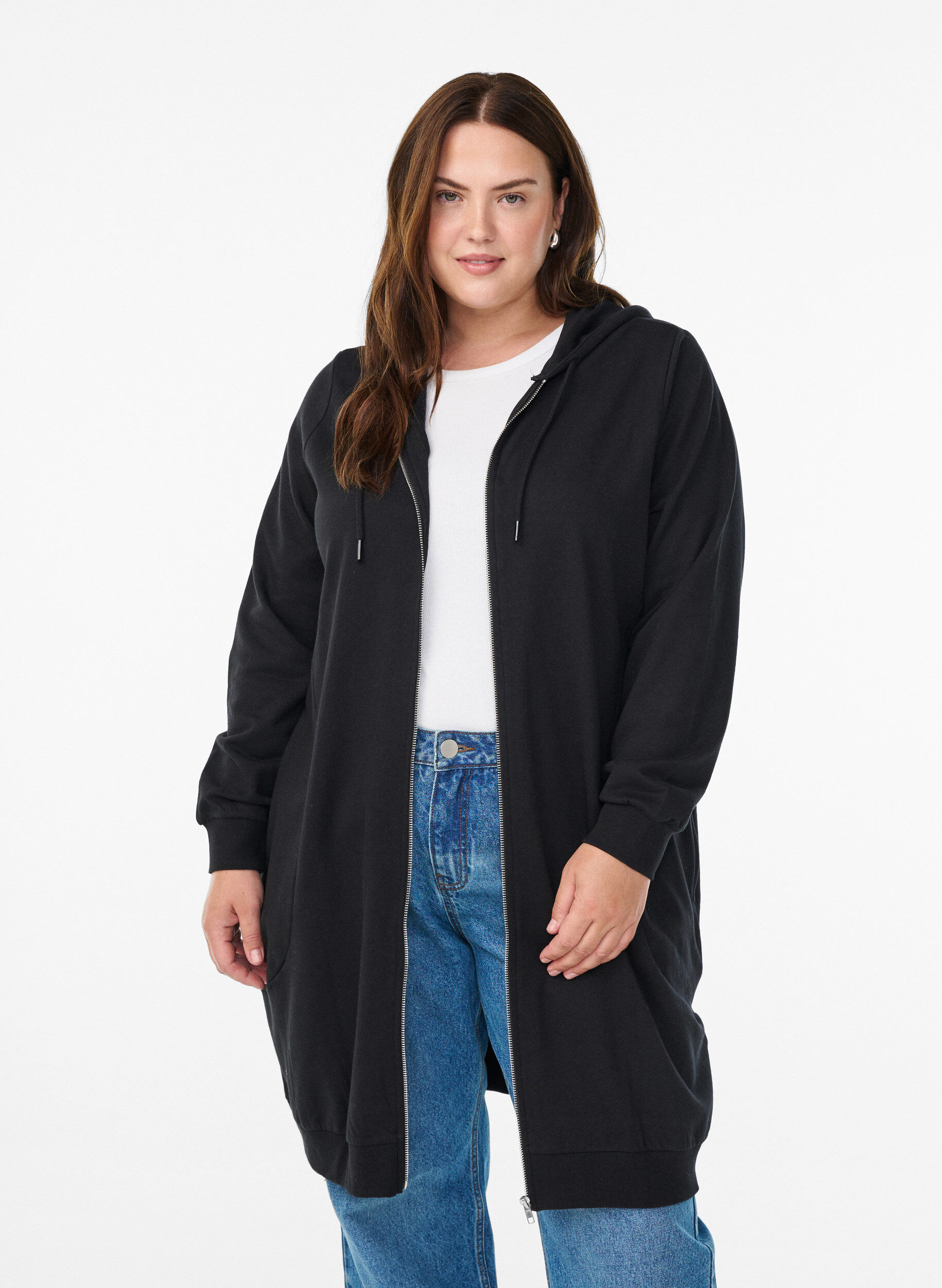 Long cotton sweat cardigan with hood, Black, Model