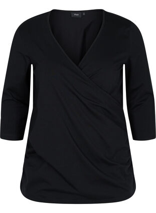 Cotton blouse with 3/4-length sleeves and wrap, Black, Packshot image number 0